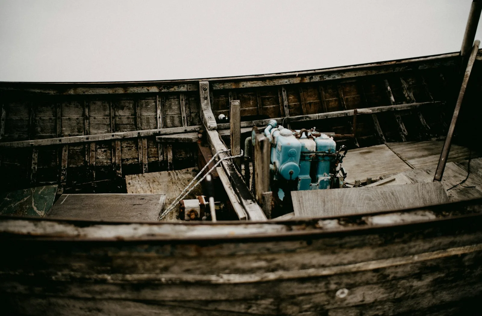 Marine diesel engine installed inside a wooden boat hull